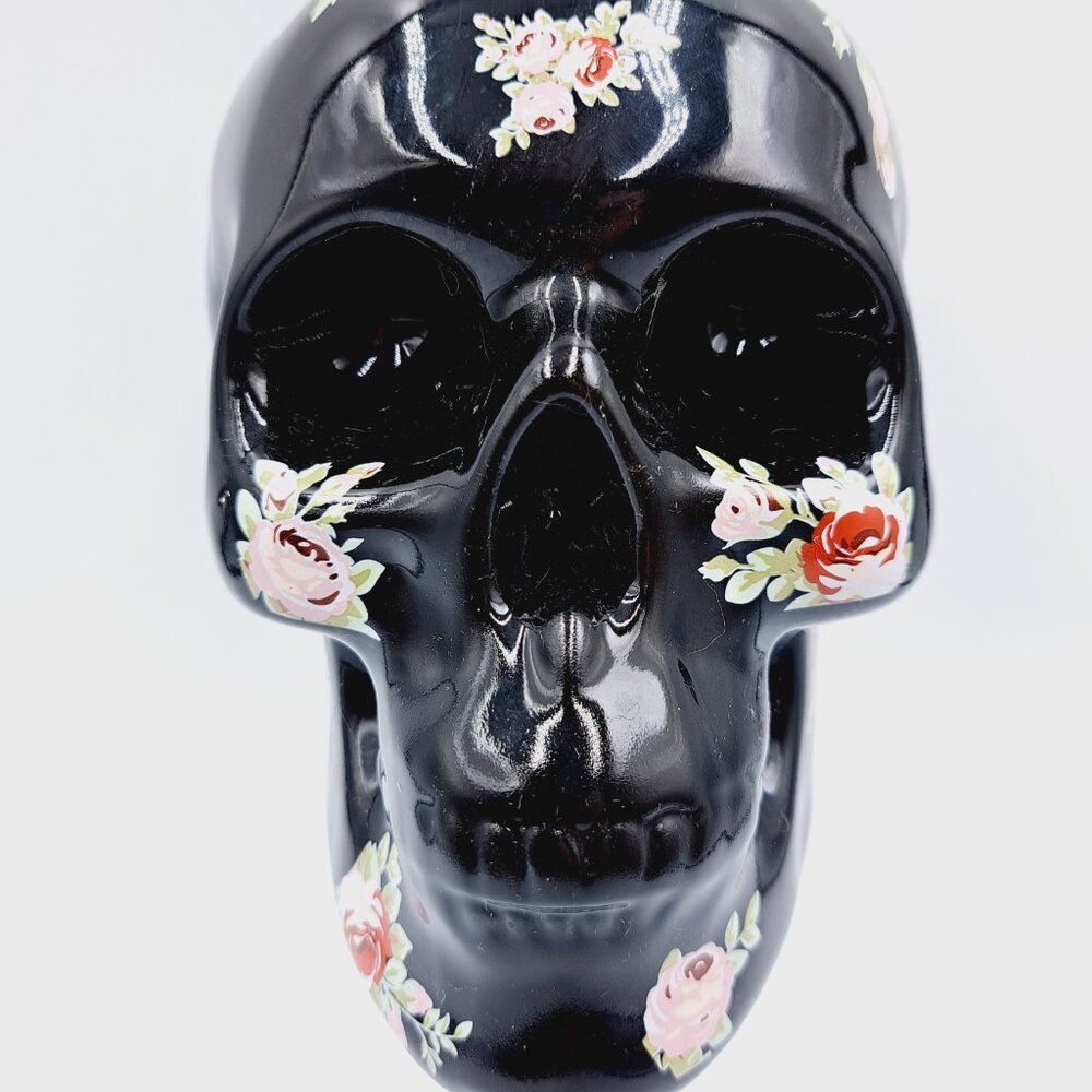 Dark Academia Black Skull Coin Bank With Red & Pink Roses Floral Tattoo Accents